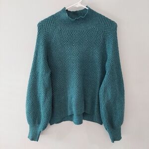 Pink Rose Sweater Medium blue high neck lantern sleeves chevron ribbing